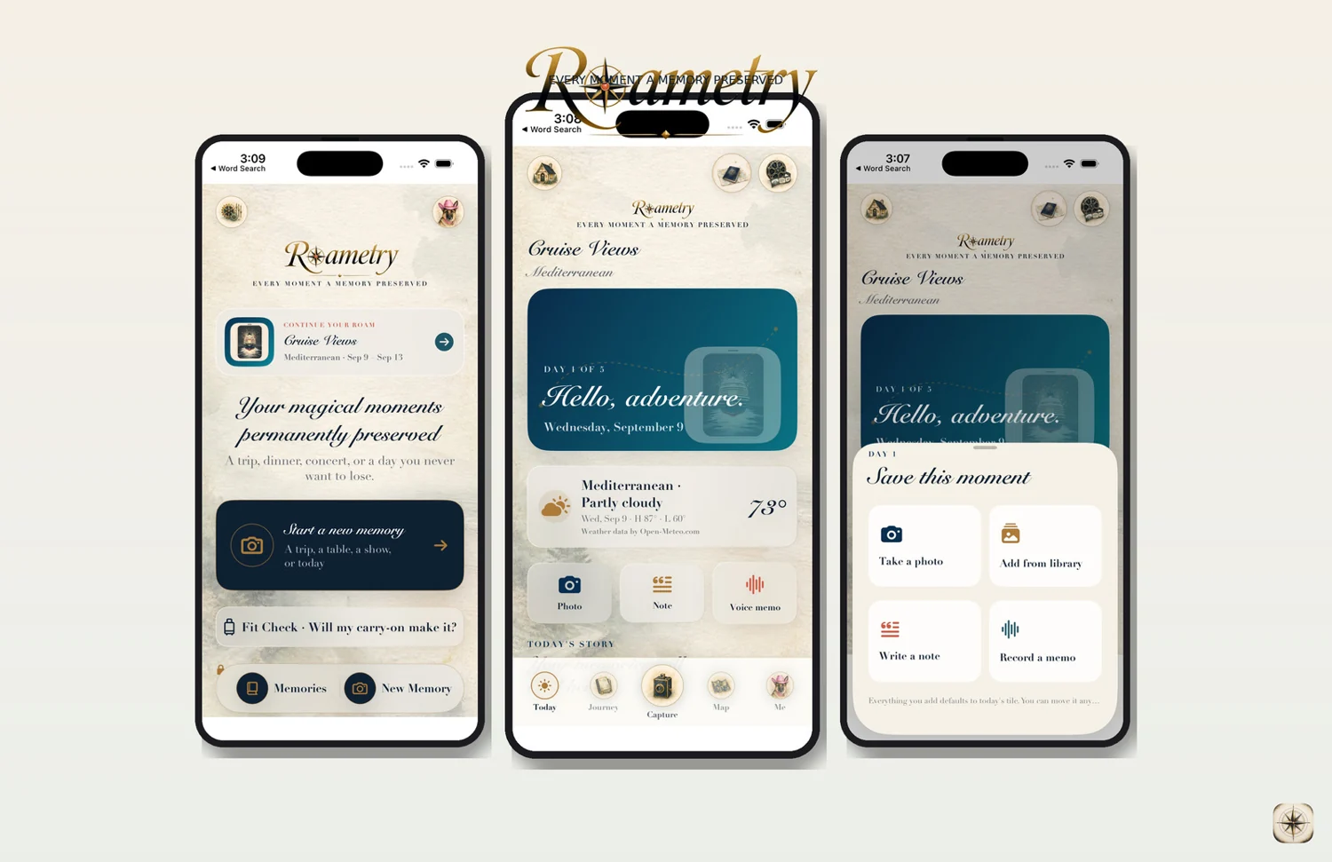 Three Roametry travel memory screens